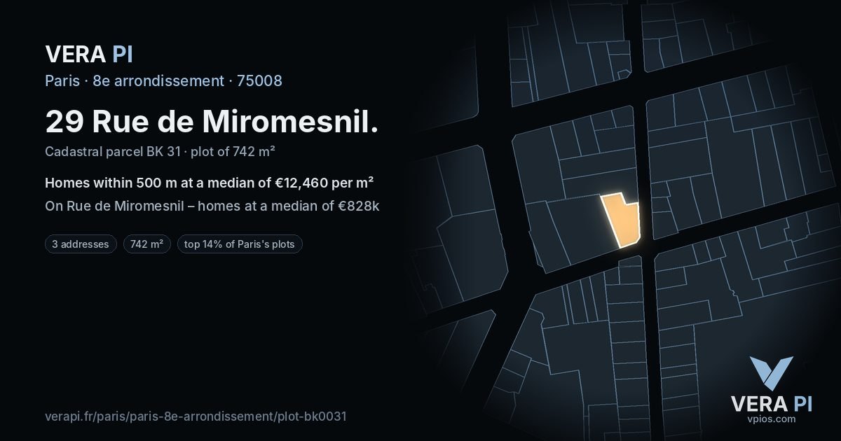29 Rue de Miromesnil, 8e arrondissement at night – the plot lit, the parcels around coloured by the prices near them