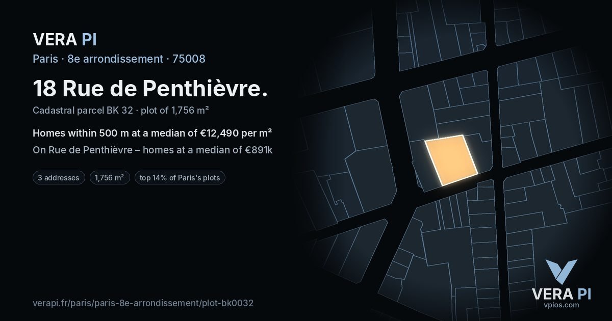18 Rue de Penthièvre, 8e arrondissement at night – the plot lit, the parcels around coloured by the prices near them