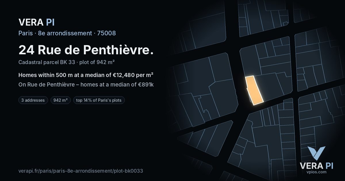 24 Rue de Penthièvre, 8e arrondissement at night – the plot lit, the parcels around coloured by the prices near them