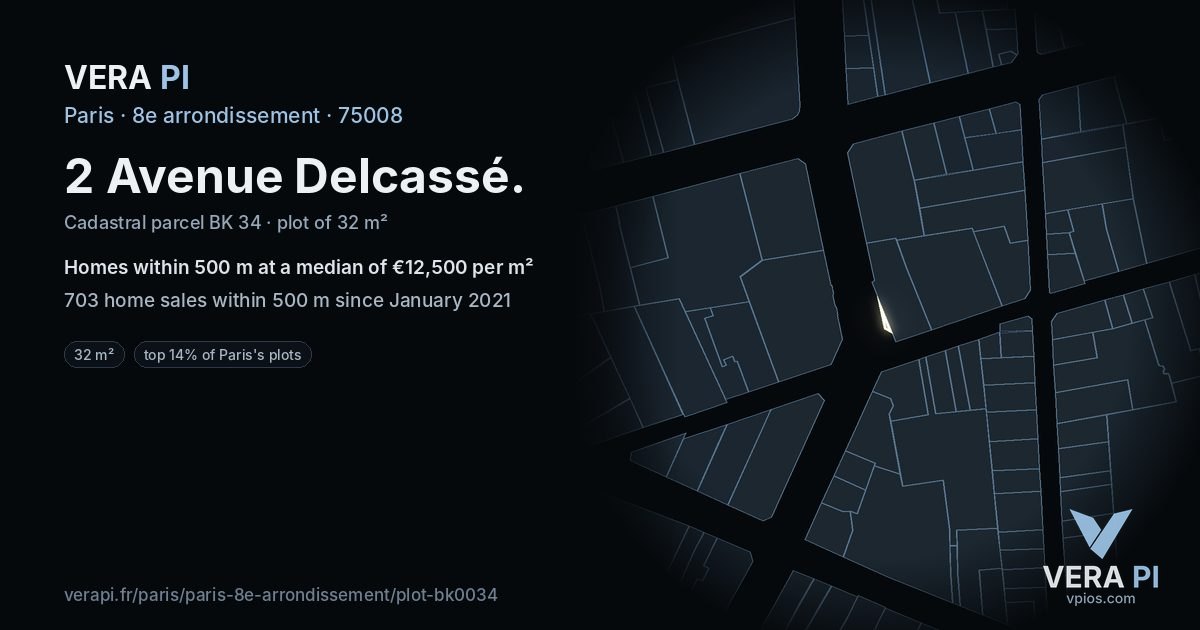 2 Avenue Delcassé, 8e arrondissement at night – the plot lit, the parcels around coloured by the prices near them