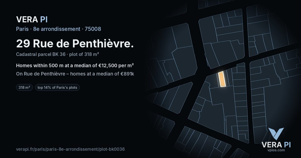 29 Rue de Penthièvre, 8e arrondissement at night – the plot lit, the parcels around coloured by the prices near them