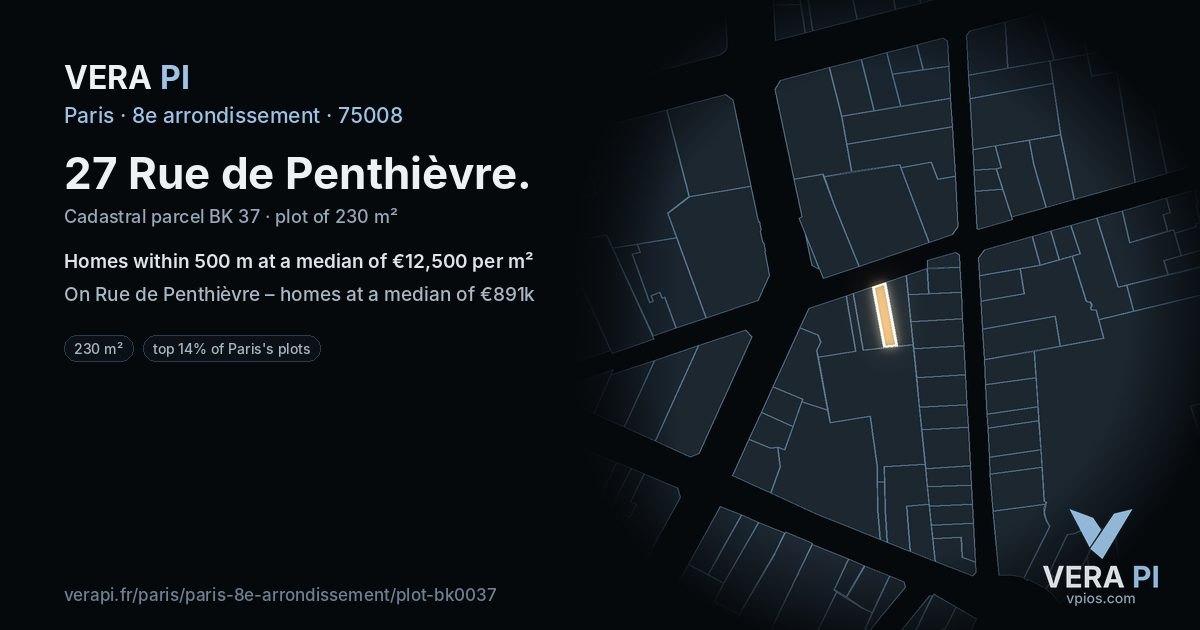 27 Rue de Penthièvre, 8e arrondissement at night – the plot lit, the parcels around coloured by the prices near them