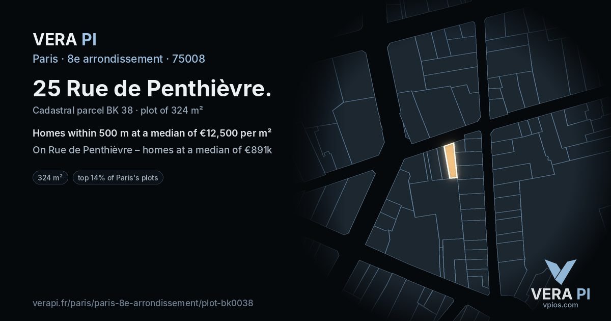 25 Rue de Penthièvre, 8e arrondissement at night – the plot lit, the parcels around coloured by the prices near them