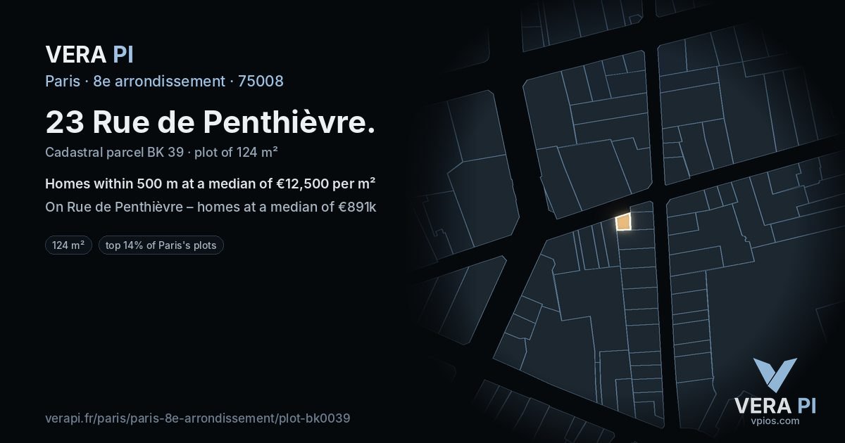 23 Rue de Penthièvre, 8e arrondissement at night – the plot lit, the parcels around coloured by the prices near them