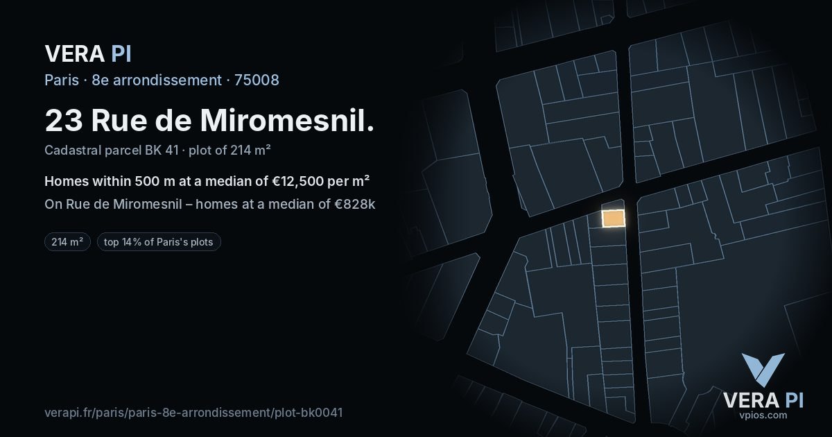 23 Rue de Miromesnil, 8e arrondissement at night – the plot lit, the parcels around coloured by the prices near them