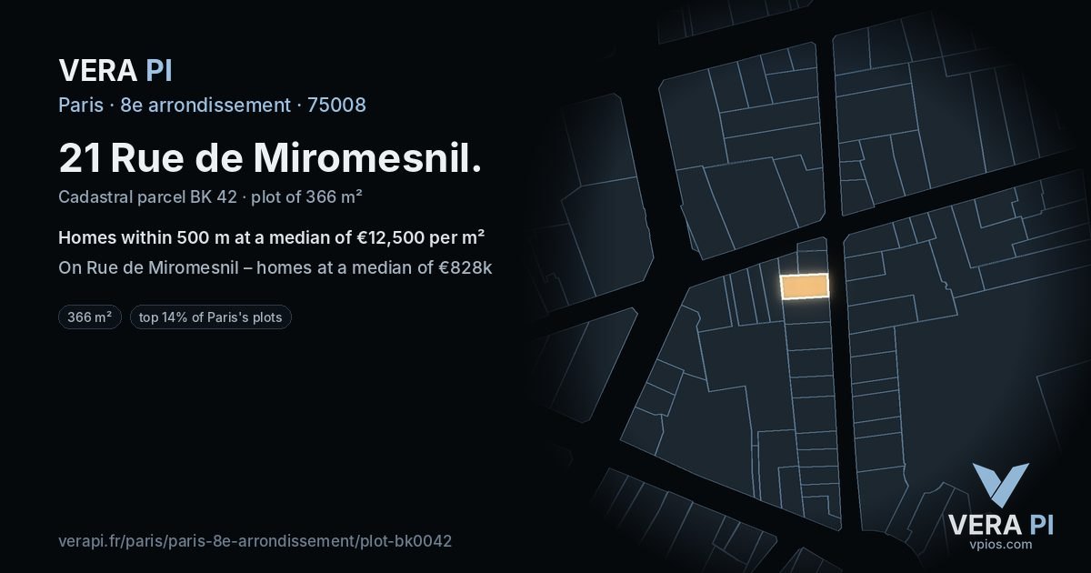 21 Rue de Miromesnil, 8e arrondissement at night – the plot lit, the parcels around coloured by the prices near them