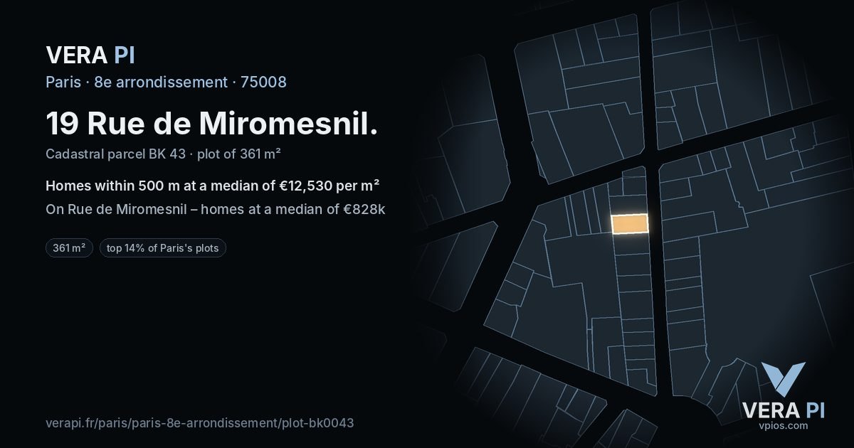 19 Rue de Miromesnil, 8e arrondissement at night – the plot lit, the parcels around coloured by the prices near them