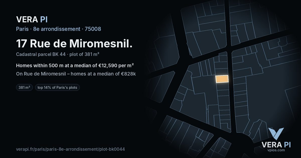 17 Rue de Miromesnil, 8e arrondissement at night – the plot lit, the parcels around coloured by the prices near them