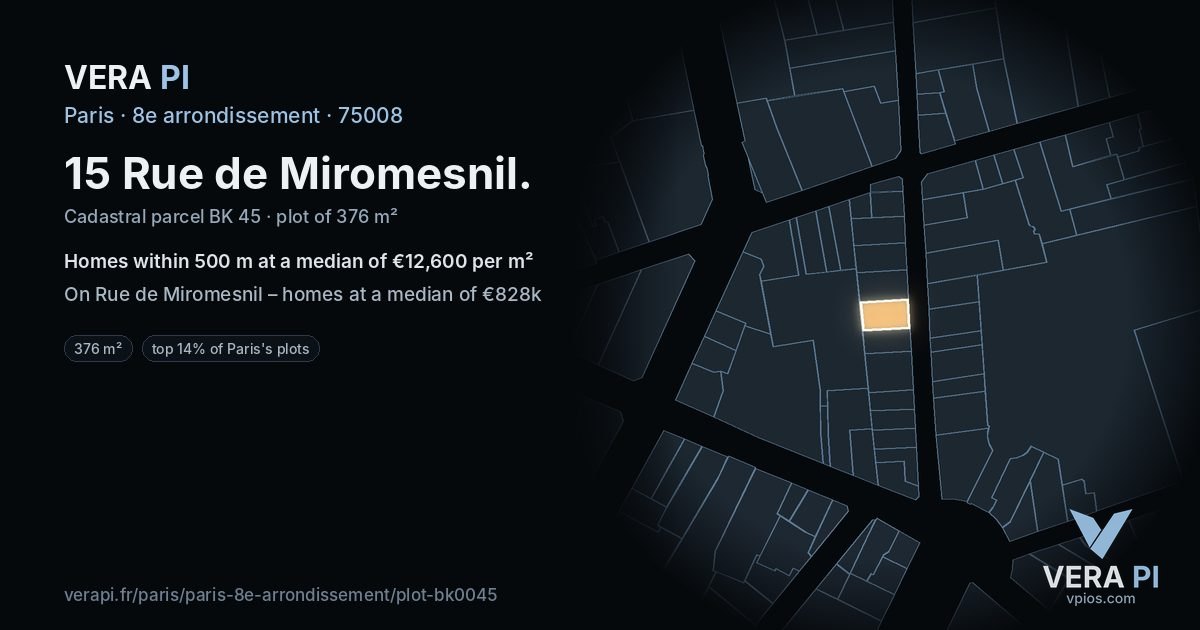 15 Rue de Miromesnil, 8e arrondissement at night – the plot lit, the parcels around coloured by the prices near them