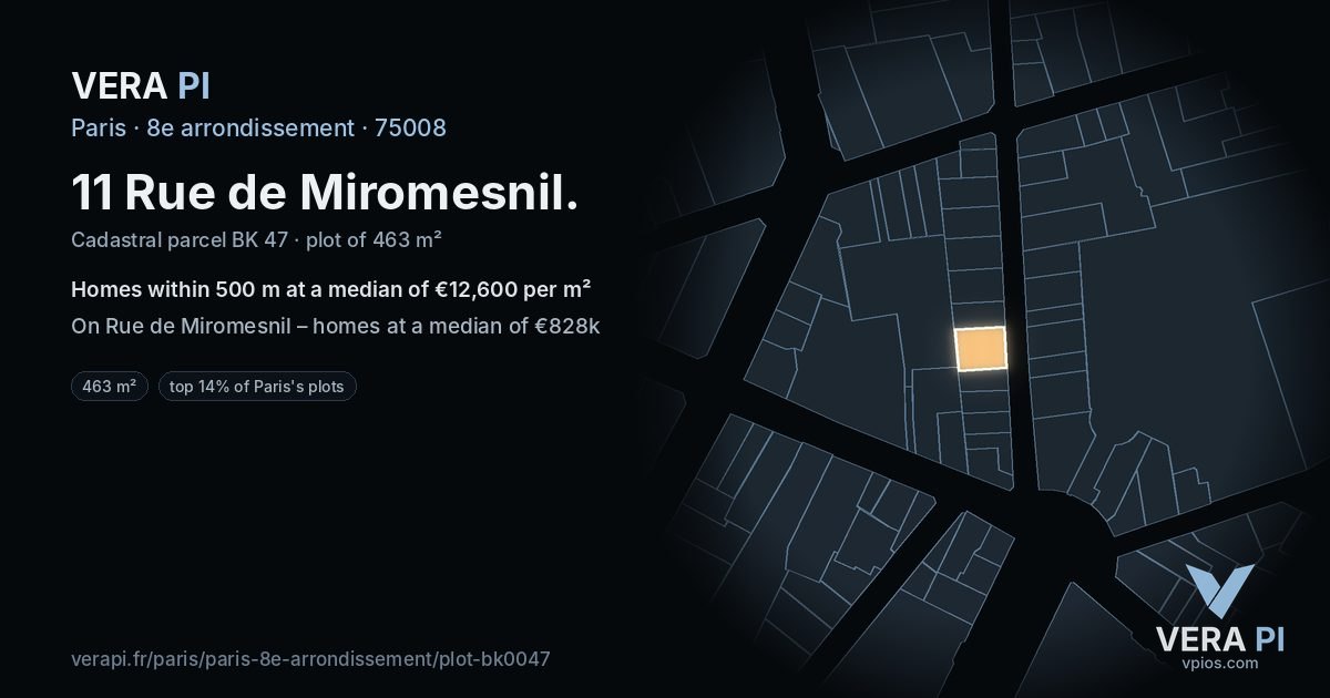 11 Rue de Miromesnil, 8e arrondissement at night – the plot lit, the parcels around coloured by the prices near them