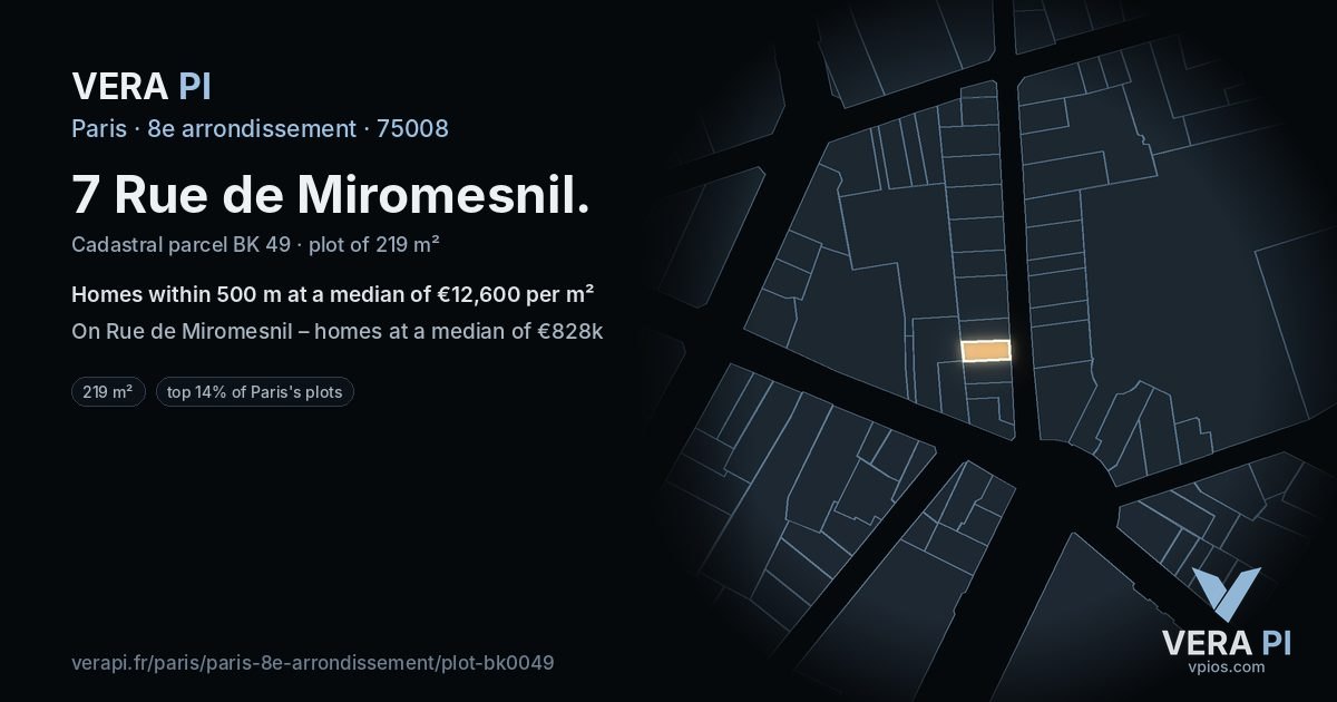 7 Rue de Miromesnil, 8e arrondissement at night – the plot lit, the parcels around coloured by the prices near them