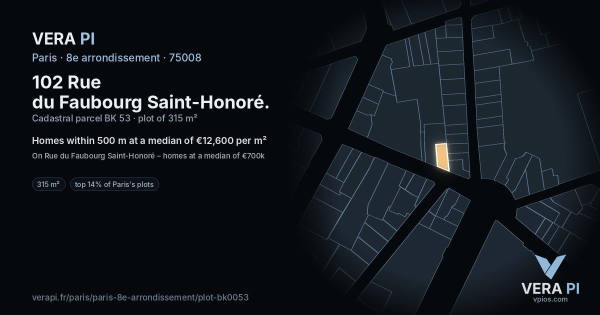 102 Rue du Faubourg Saint-Honoré, 8e arrondissement at night – the plot lit, the parcels around coloured by the prices near them