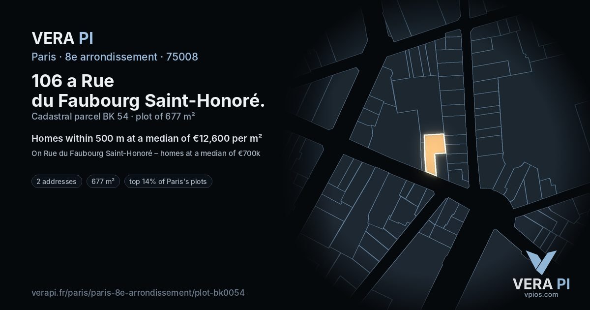 106 a Rue du Faubourg Saint-Honoré, 8e arrondissement at night – the plot lit, the parcels around coloured by the prices near them