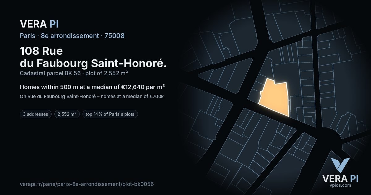 108 Rue du Faubourg Saint-Honoré, 8e arrondissement at night – the plot lit, the parcels around coloured by the prices near them