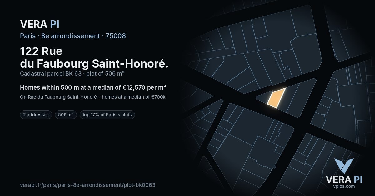 122 Rue du Faubourg Saint-Honoré, 8e arrondissement at night – the plot lit, the parcels around coloured by the prices near them
