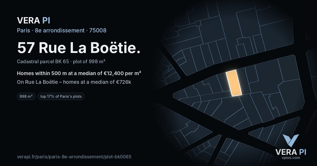 57 Rue La Boëtie, 8e arrondissement at night – the plot lit, the parcels around coloured by the prices near them