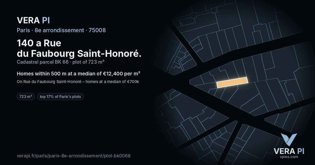 140 a Rue du Faubourg Saint-Honoré, 8e arrondissement at night – the plot lit, the parcels around coloured by the prices near them