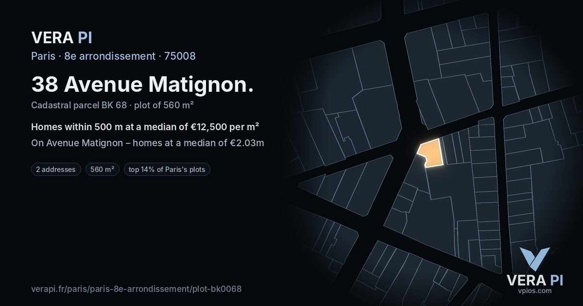 38 Avenue Matignon, 8e arrondissement at night – the plot lit, the parcels around coloured by the prices near them