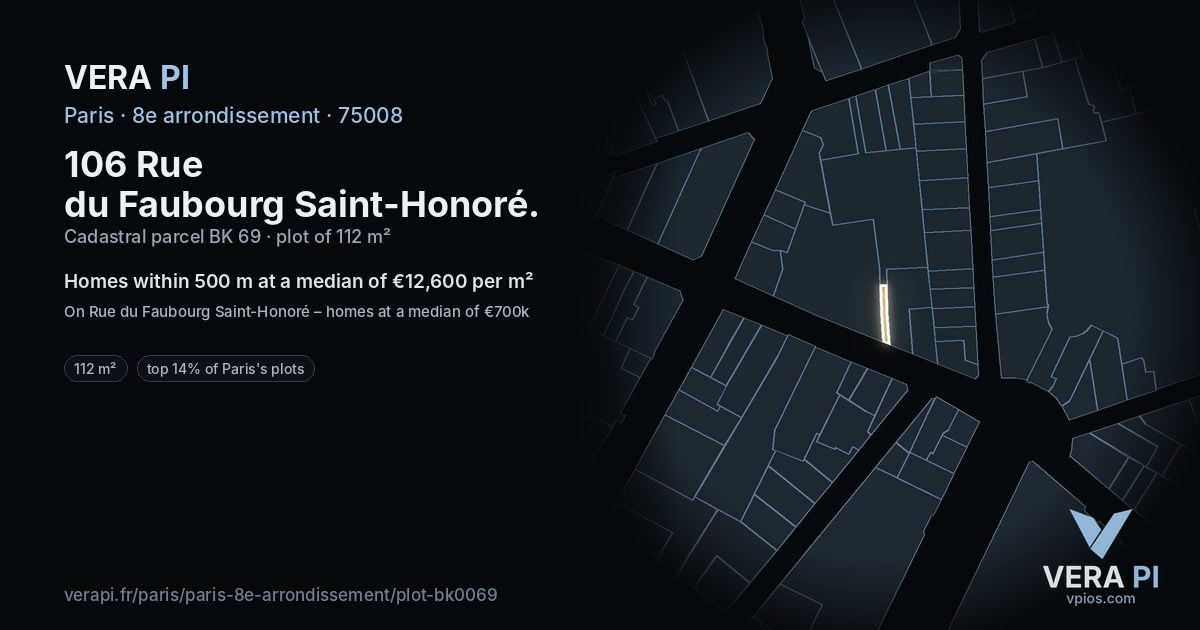 106 Rue du Faubourg Saint-Honoré, 8e arrondissement at night – the plot lit, the parcels around coloured by the prices near them