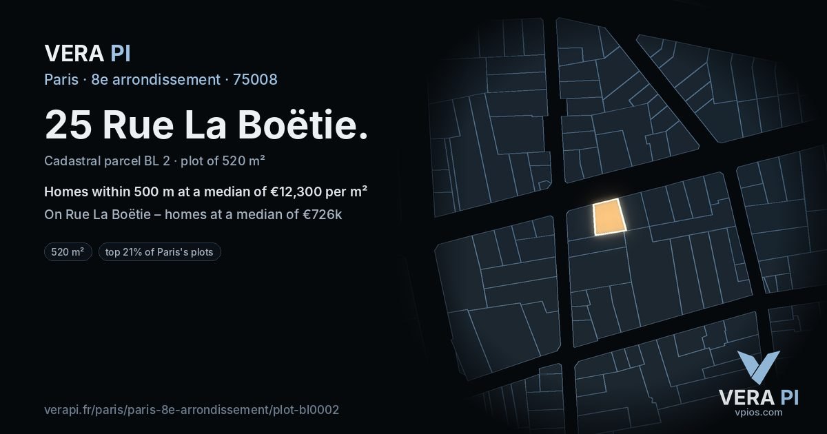25 Rue La Boëtie, 8e arrondissement at night – the plot lit, the parcels around coloured by the prices near them