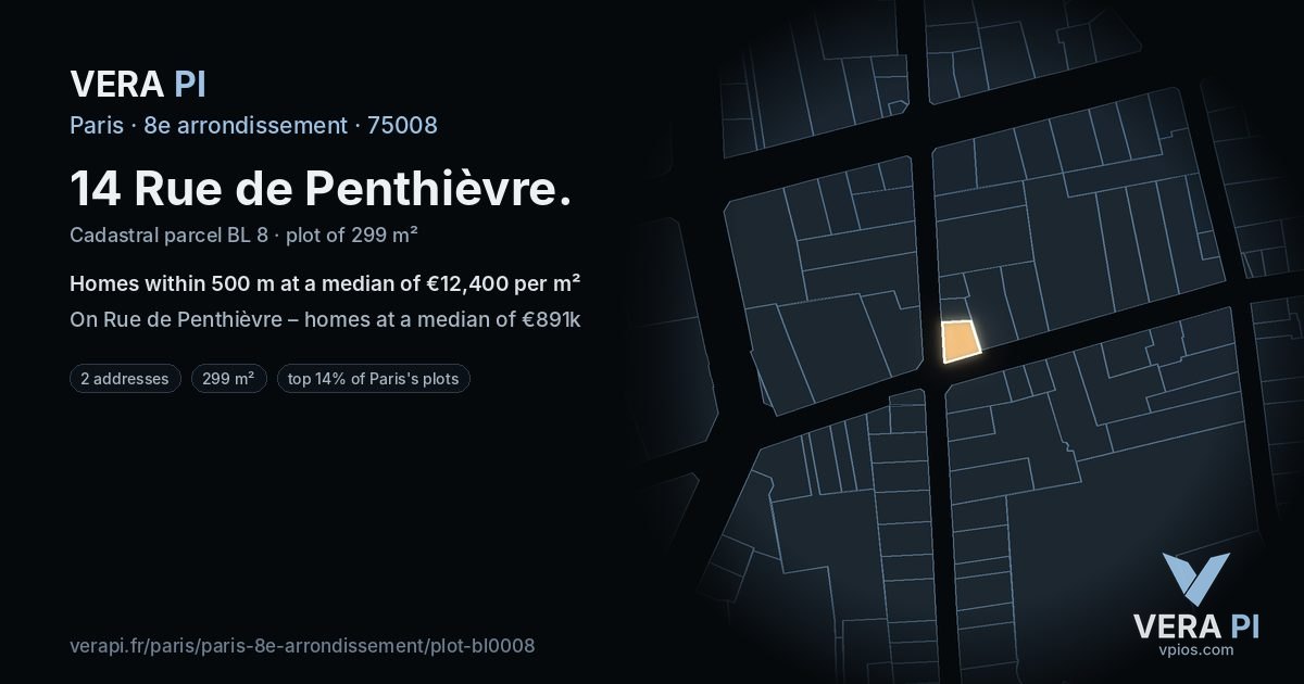 14 Rue de Penthièvre, 8e arrondissement at night – the plot lit, the parcels around coloured by the prices near them