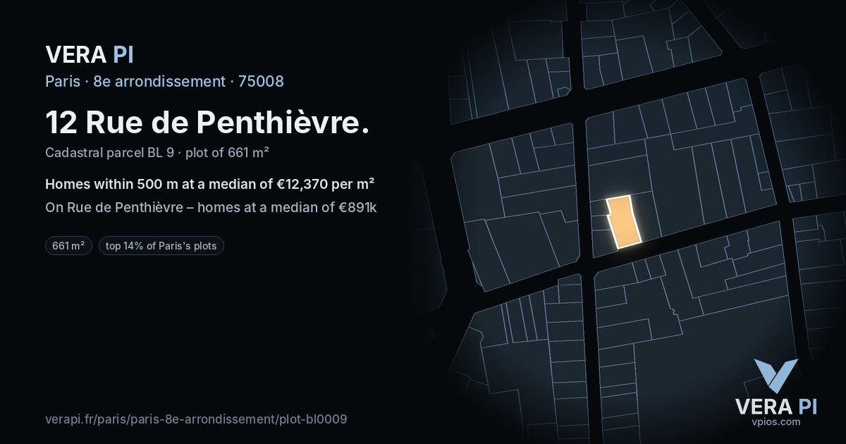 12 Rue de Penthièvre, 8e arrondissement at night – the plot lit, the parcels around coloured by the prices near them