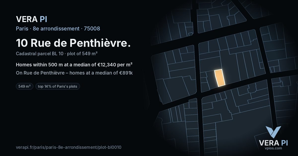 10 Rue de Penthièvre, 8e arrondissement at night – the plot lit, the parcels around coloured by the prices near them