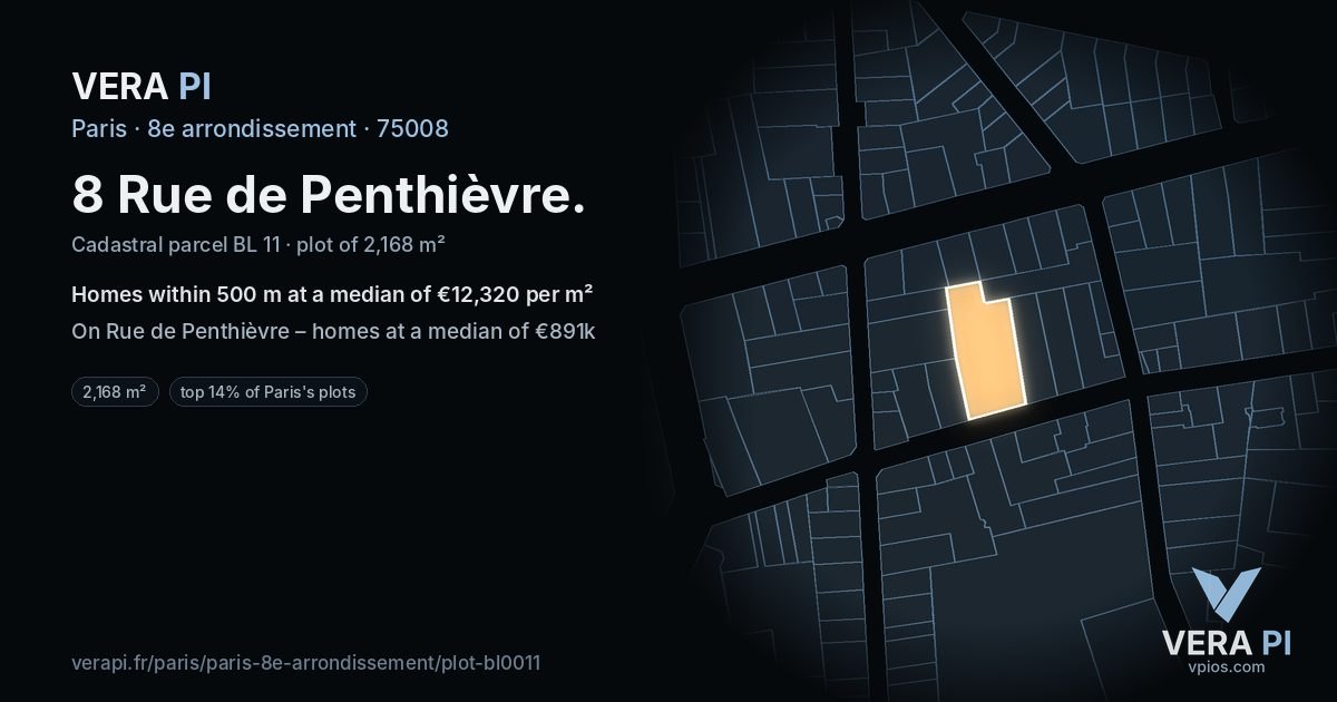 8 Rue de Penthièvre, 8e arrondissement at night – the plot lit, the parcels around coloured by the prices near them