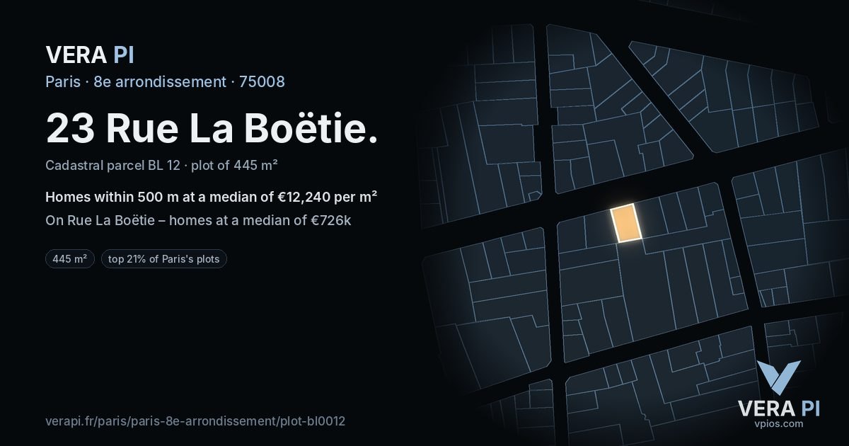 23 Rue La Boëtie, 8e arrondissement at night – the plot lit, the parcels around coloured by the prices near them