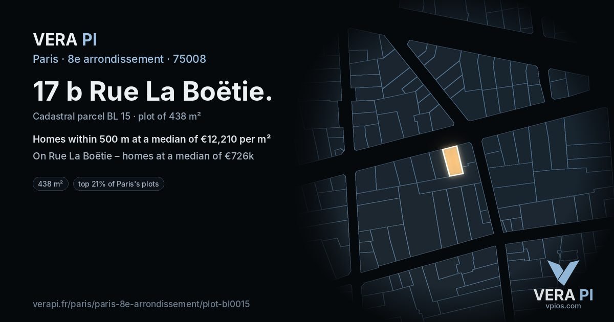 17 b Rue La Boëtie, 8e arrondissement at night – the plot lit, the parcels around coloured by the prices near them