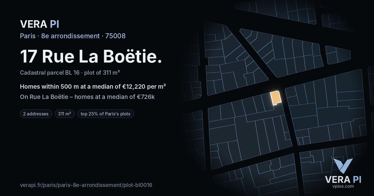 17 Rue La Boëtie, 8e arrondissement at night – the plot lit, the parcels around coloured by the prices near them
