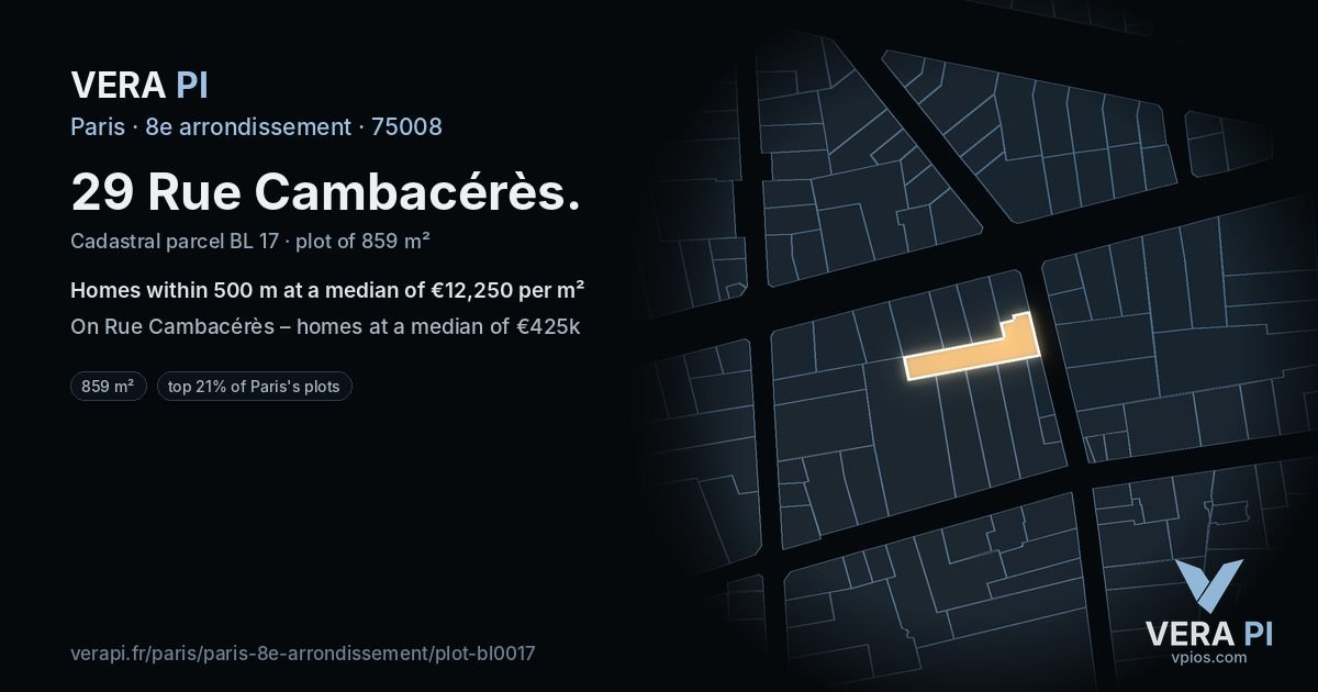 29 Rue Cambacérès, 8e arrondissement at night – the plot lit, the parcels around coloured by the prices near them