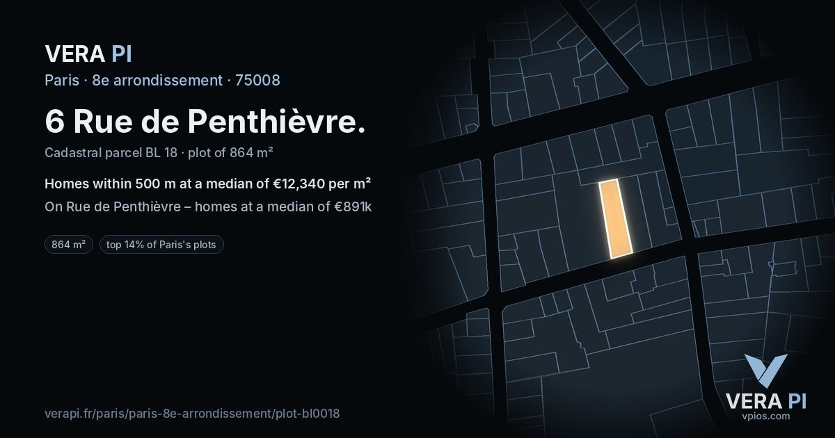 6 Rue de Penthièvre, 8e arrondissement at night – the plot lit, the parcels around coloured by the prices near them