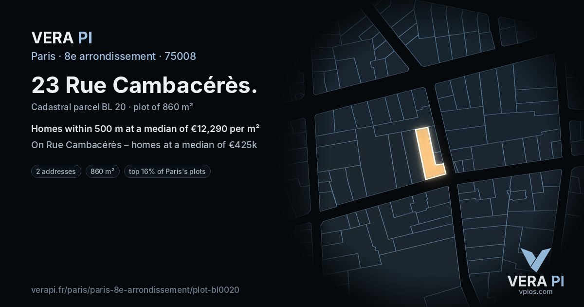 23 Rue Cambacérès, 8e arrondissement at night – the plot lit, the parcels around coloured by the prices near them
