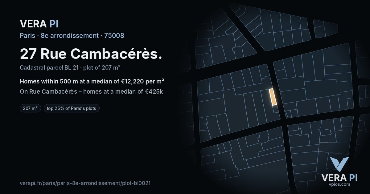 27 Rue Cambacérès, 8e arrondissement at night – the plot lit, the parcels around coloured by the prices near them