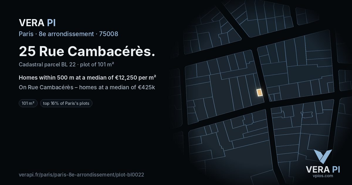 25 Rue Cambacérès, 8e arrondissement at night – the plot lit, the parcels around coloured by the prices near them