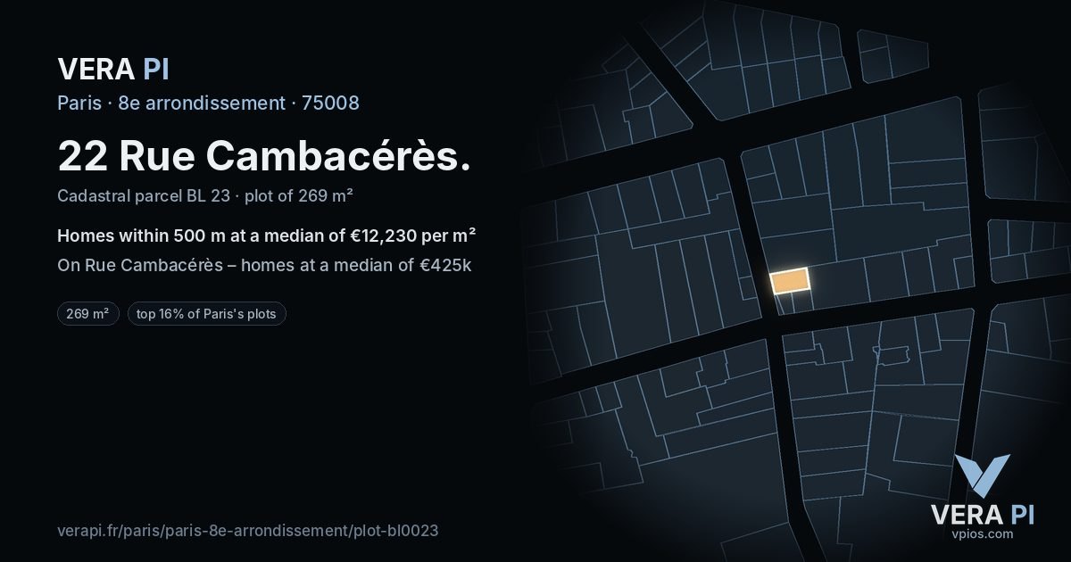 22 Rue Cambacérès, 8e arrondissement at night – the plot lit, the parcels around coloured by the prices near them