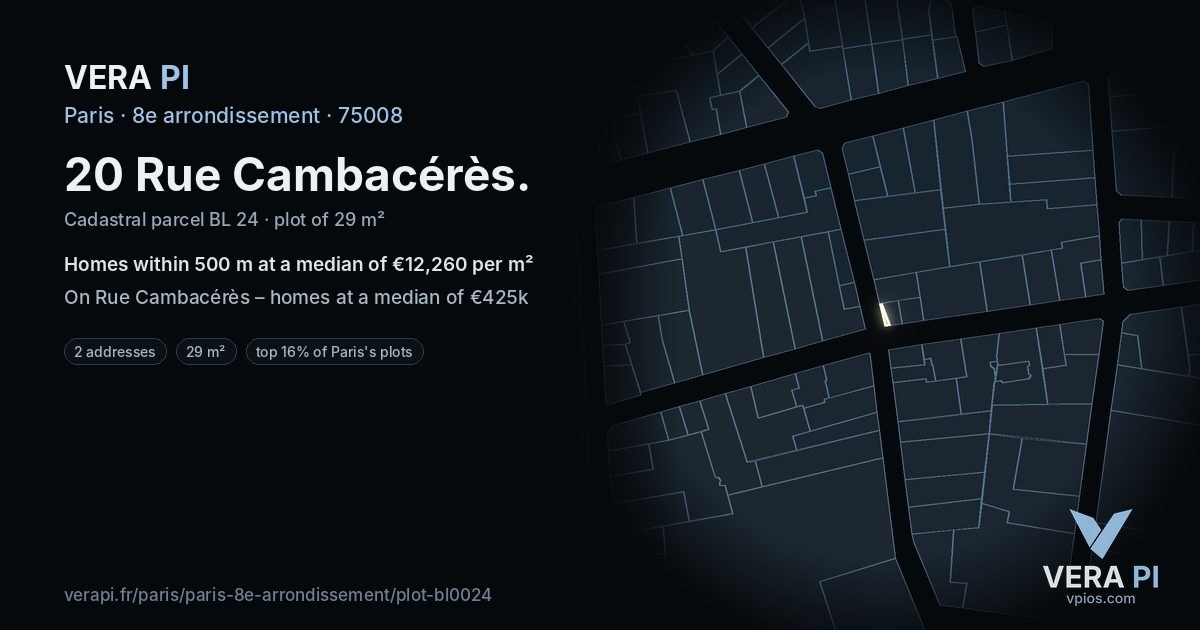 20 Rue Cambacérès, 8e arrondissement at night – the plot lit, the parcels around coloured by the prices near them