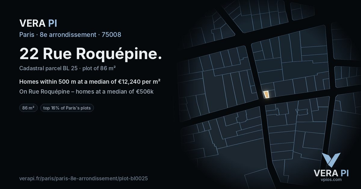 22 Rue Roquépine, 8e arrondissement at night – the plot lit, the parcels around coloured by the prices near them