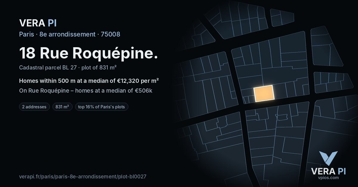18 Rue Roquépine, 8e arrondissement at night – the plot lit, the parcels around coloured by the prices near them