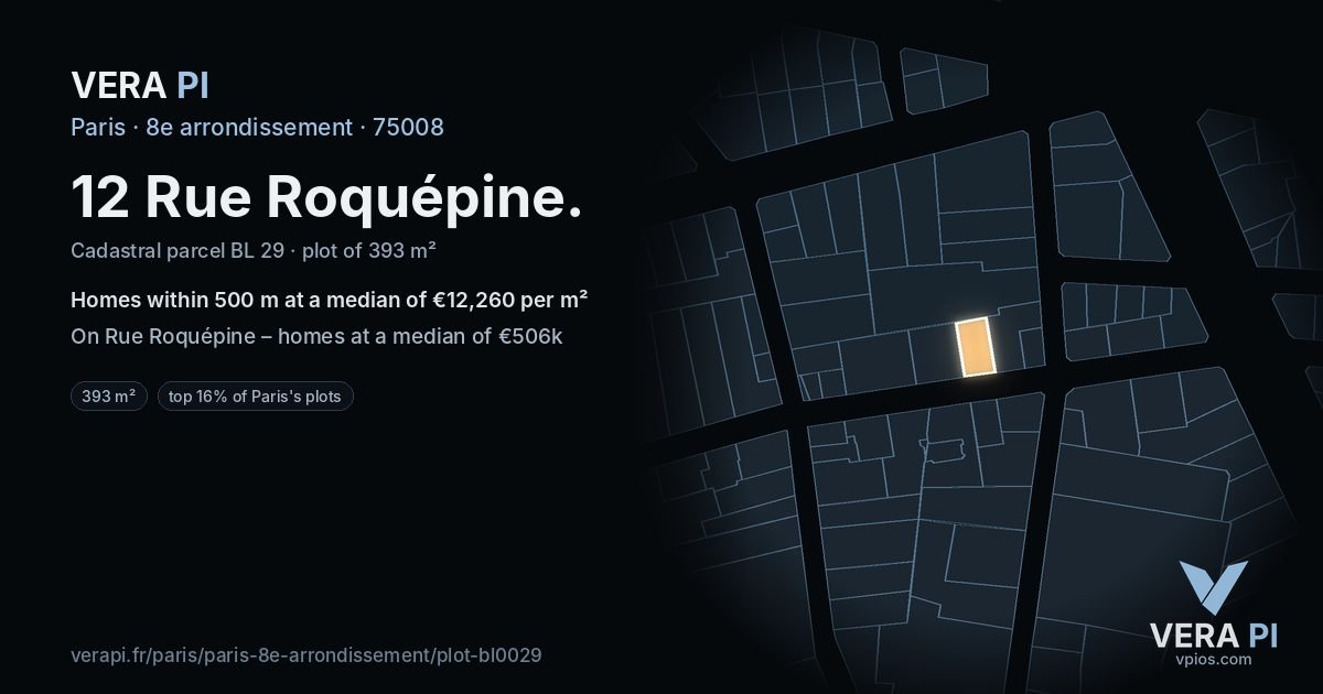 12 Rue Roquépine, 8e arrondissement at night – the plot lit, the parcels around coloured by the prices near them
