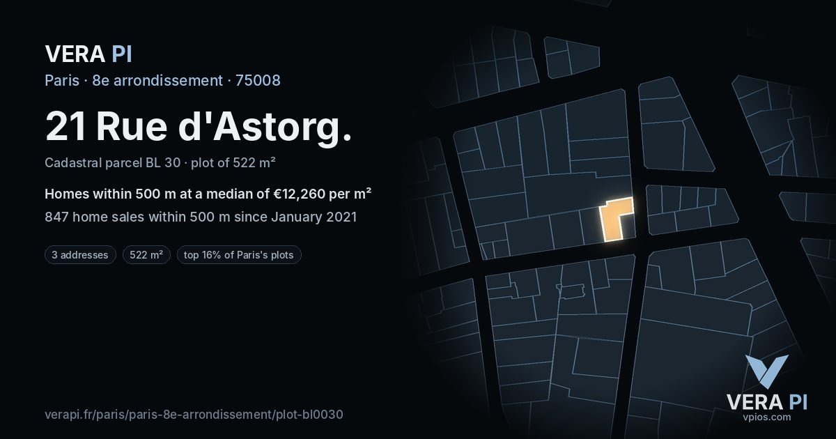 21 Rue d'Astorg, 8e arrondissement at night – the plot lit, the parcels around coloured by the prices near them