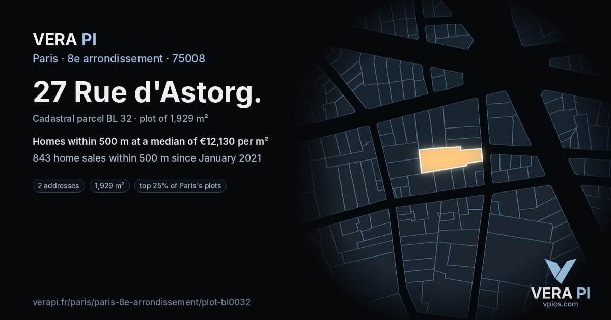 27 Rue d'Astorg, 8e arrondissement at night – the plot lit, the parcels around coloured by the prices near them