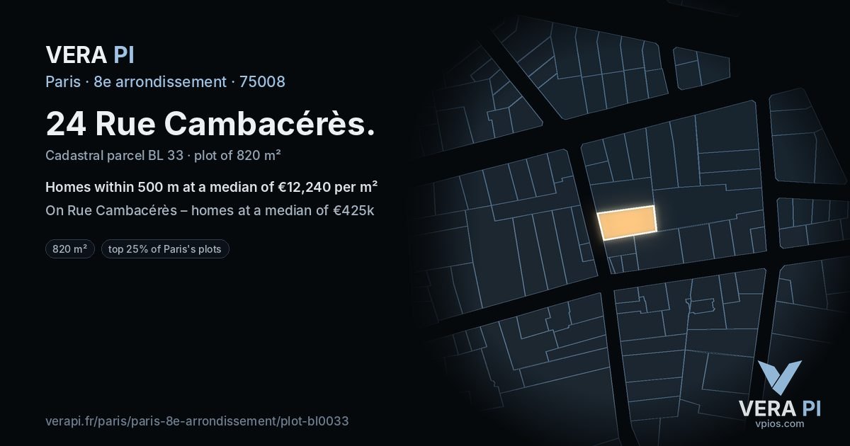 24 Rue Cambacérès, 8e arrondissement at night – the plot lit, the parcels around coloured by the prices near them
