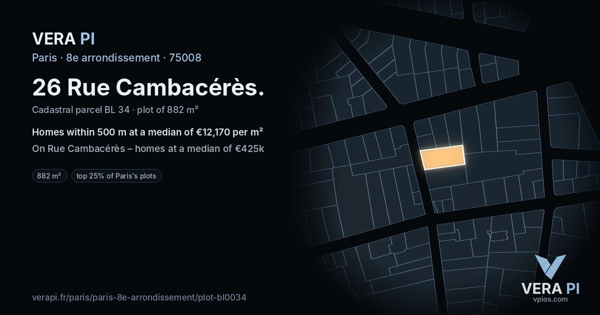 26 Rue Cambacérès, 8e arrondissement at night – the plot lit, the parcels around coloured by the prices near them