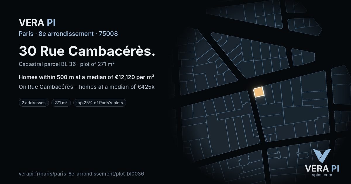 30 Rue Cambacérès, 8e arrondissement at night – the plot lit, the parcels around coloured by the prices near them