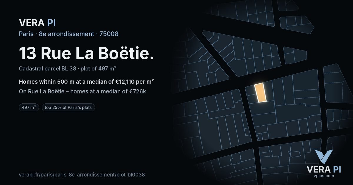 13 Rue La Boëtie, 8e arrondissement at night – the plot lit, the parcels around coloured by the prices near them