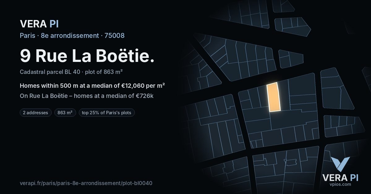 9 Rue La Boëtie, 8e arrondissement at night – the plot lit, the parcels around coloured by the prices near them