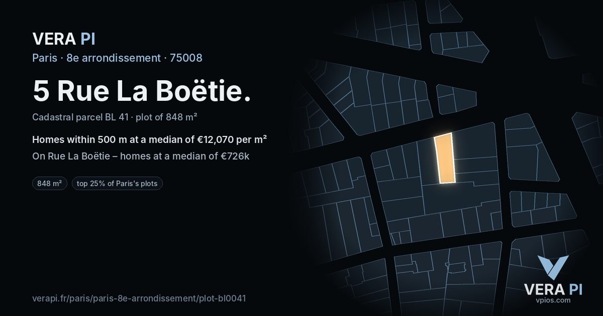 5 Rue La Boëtie, 8e arrondissement at night – the plot lit, the parcels around coloured by the prices near them