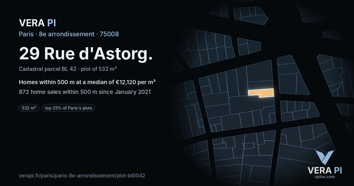 29 Rue d'Astorg, 8e arrondissement at night – the plot lit, the parcels around coloured by the prices near them